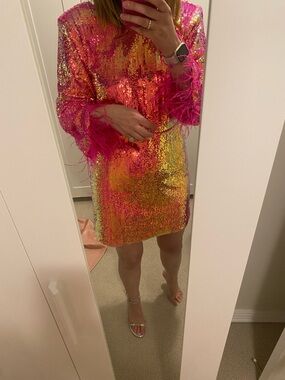 Pink & Gold Sequin Mini Dress with Feather Cuffs